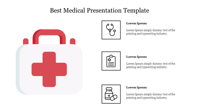 Medical presentation template with a red first aid kit and three white icons paired with captions on the right.