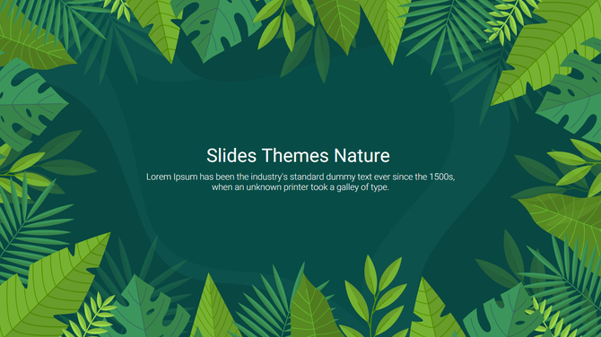 Greenery-framed slide with tropical leaves of green shades surrounding a dark green background and a text area at center.