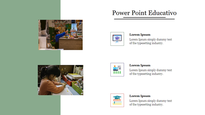 PowerPoint slide showing children engaged in classroom activities, with icons and text areas for educational content.