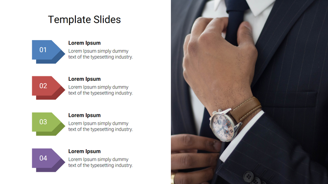 Business slide features numbered arrows in blue, red, green, and purple, with an image of a professional adjusting his tie.