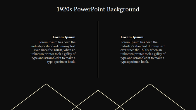 Dark background with two white text sections divided by a vertical line and beige geometric patterns below.