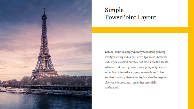 Simple layout with a photo of the Eiffel Tower and text on the right side, highlighted by a yellow border.