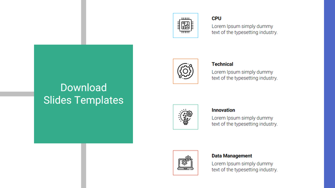 Google slide template featuring sections for CPU, Technical, Innovation, and Data Management with icons and placeholder text.