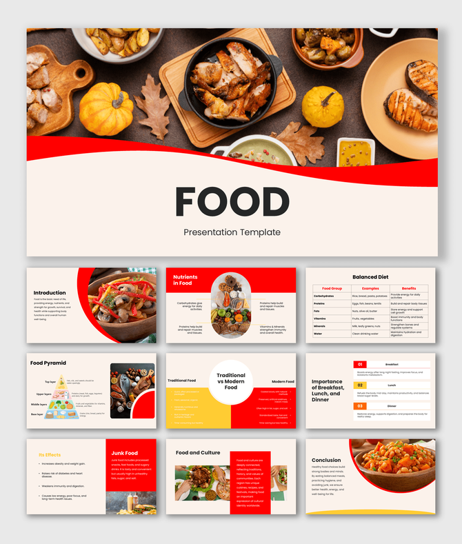 Food presentation template with meals, nutrition charts, food pyramid, diet guides, red-yellow design, images, and text boxes
