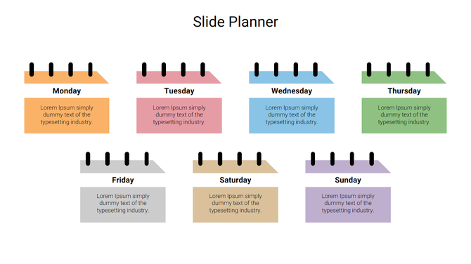 Weekly planner slide with colorful sticky notes labeled Monday to Sunday, each containing placeholder text areas.