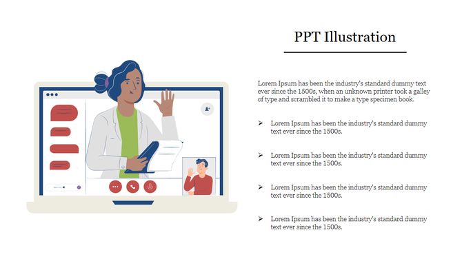PPT Illustration of a woman presenting in a virtual meeting on a laptop, with video call icons on the screen.
