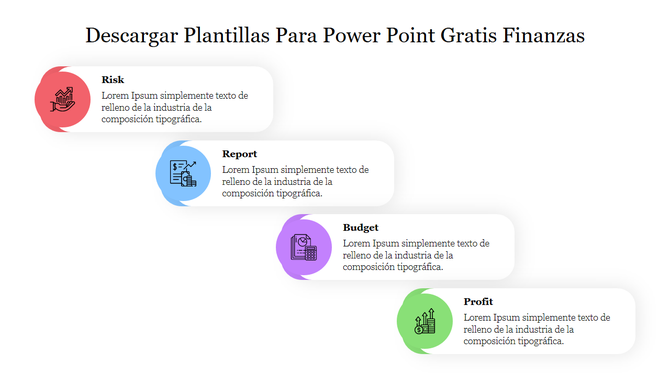 Descargar plantillas para PowerPoint gratis finanzas slide showcasing four financials with icons each with placeholder text.