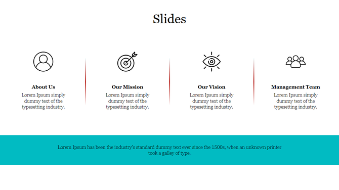 Slide with four black line icons above bold section titles and dummy text, followed by a teal footer with centered paragraph.