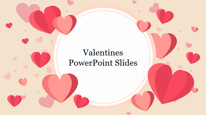 Valentines template featuring pink and red hearts surrounding a circular title space, on a biege background.