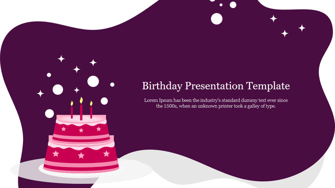 Birthday celebration  design showing a frosted pink cake under a purple night-sky background with stars.