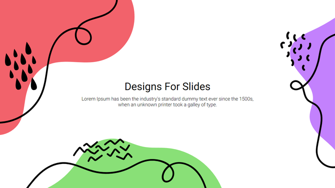 Slide with a central title, surrounded by abstract shapes in red, green, and purple with decorative black lines and icons.