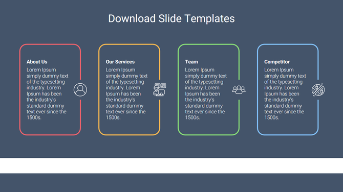Template with four boxes, each containing placeholder text and icons for company details and services.