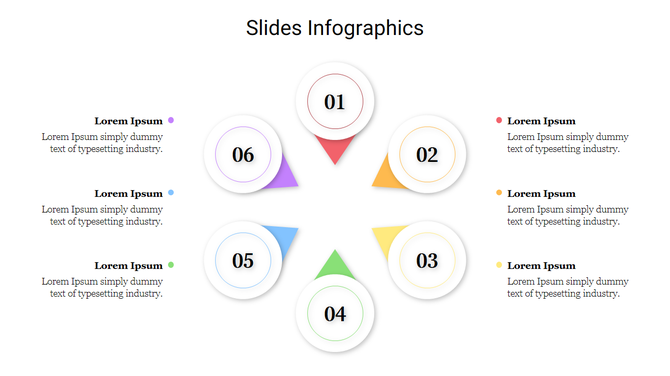 Circular infographic with six numbered nodes, each with a colorful triangular pointer, and captions on both sides.