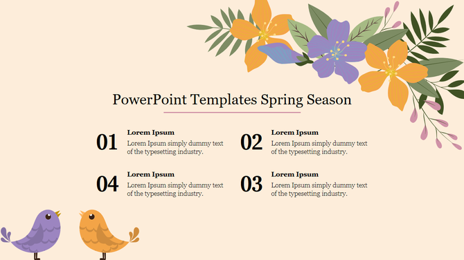 Spring themed PowerPoint template featuring colorful flowers, leaves, and cheerful cartoon birds.