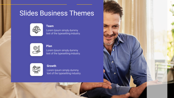 Business themed PowerPoint slide featuring icons for team, plan, and growth with a photo of two people working together.