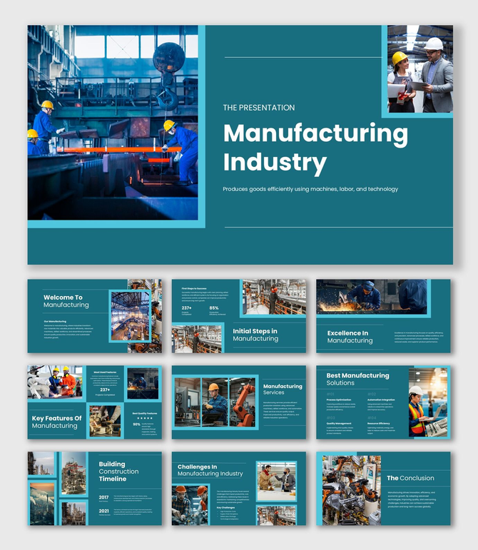 Manufacturing Industry Presentation  with factory images, teal layout, charts, icons, and clean text holders.