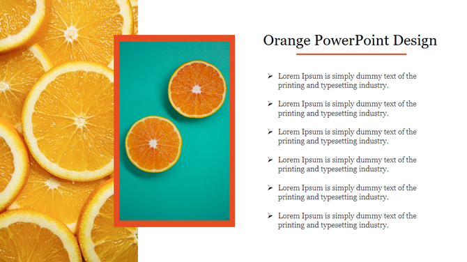 Orange slices background with a central framed image of two orange halves on a teal background, and text on the right.