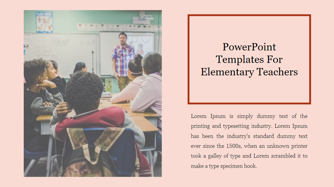 Template with a classroom photo of students and a teacher, featuring text on the right, set against a pink background.