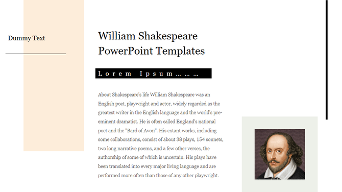 Slide with a description of William Shakespeare life and works, featuring a small portrait of him on the right.