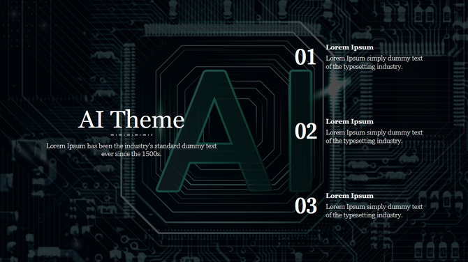 AI themed slide with a digital circuit background, large text in the center, and numbered sections with placeholder text.