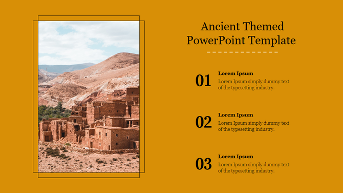 Ancient themed PowerPoint slide featuring a desert building with text placeholders on a yellow backdrop.