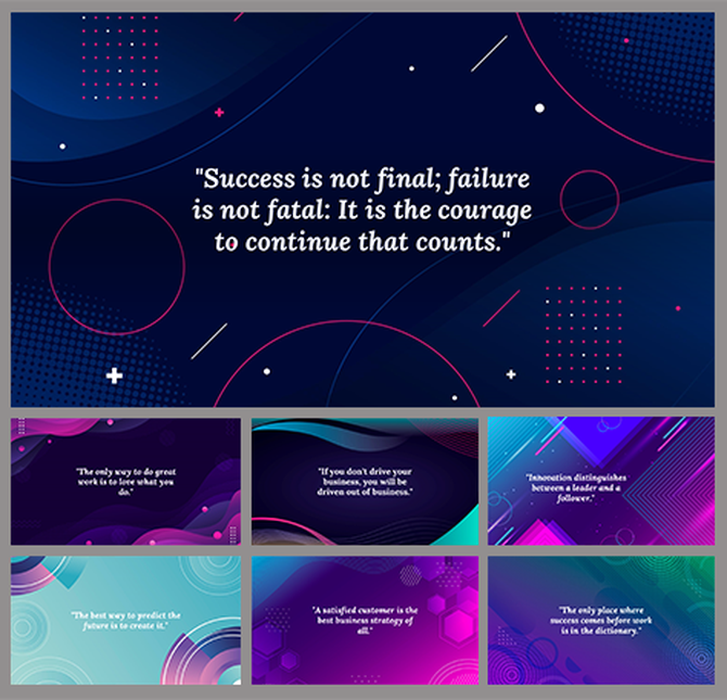 Set of modern motivational slides with bright, futuristic background and short inspirational messages centered in each frame.