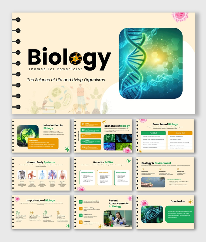 Biology themes presentation with beige design, DNA visuals, icons, and structured slides for clear life science concepts.