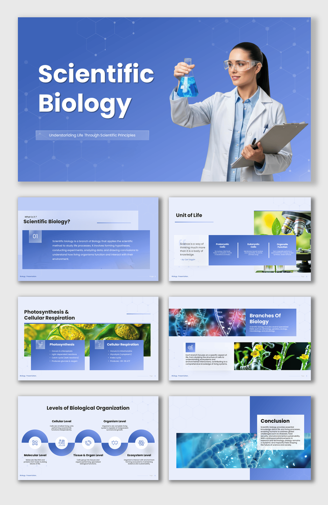 Scientific biology PowerPoint template with lab scientist, slides on cells, photosynthesis