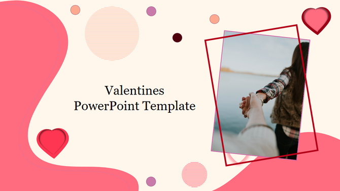 Valentine’s themed slide with pink heart graphics, abstract shapes, and a tilted photo of a couple holding hands near water.