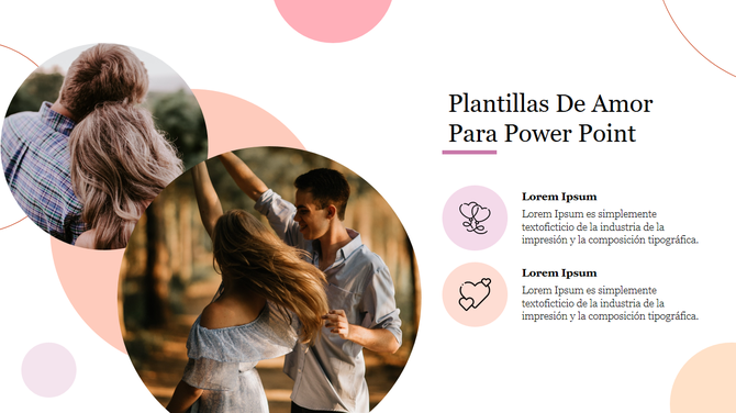 Plantillas De Amor Para Power Point featuring circular photos of a couple and icons of hearts with caption areas.