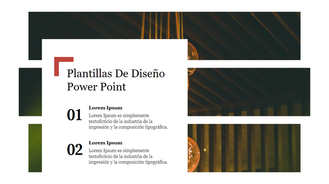 Plantillas De Diseño Power Point with layered photo strips and structured content block with Spanish text and numbers.
