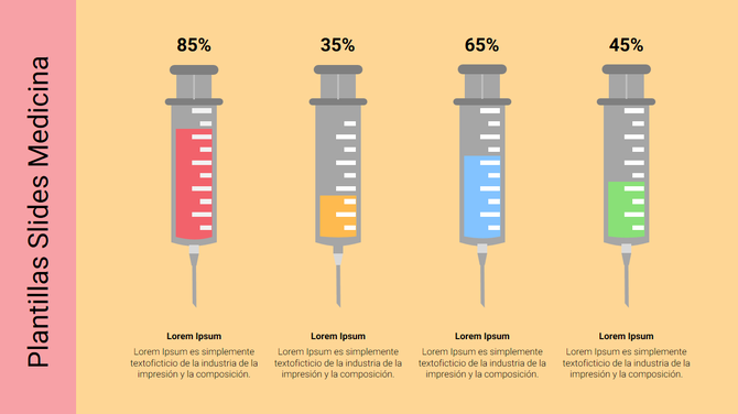 Plantillas Slides Medicina, featuring four syringe icons with different fill levels and percentages in various colors.