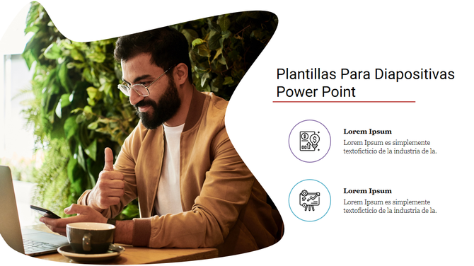 Plantillas Para Diapositivas Power Point featuring a curved image of a smiling man in a café setting, and a text area.