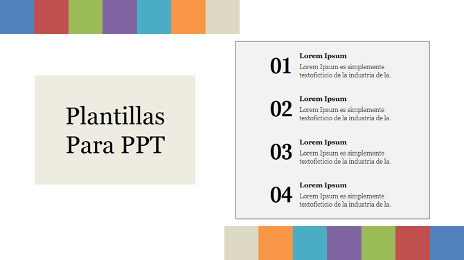 Plantillas slide with colorful rectangular bands at the top and bottom, featuring four numbered text and a beige title box.
