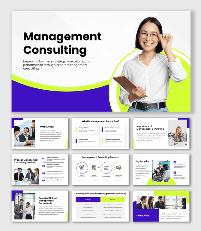 Management Consulting Slide Templates with purple green layouts and business consulting workflow visuals.