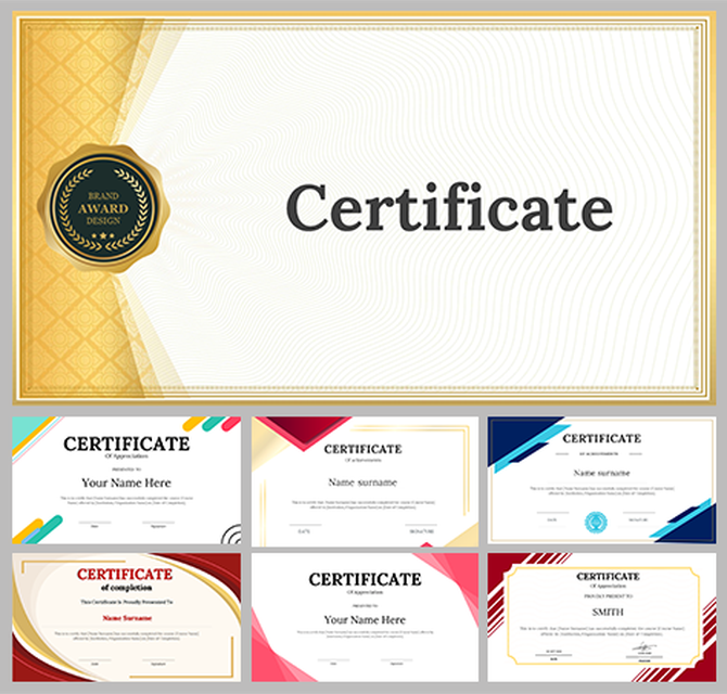 Certificate templates with various designs, featuring gold, blue, red, and abstract elements, for customizable use.