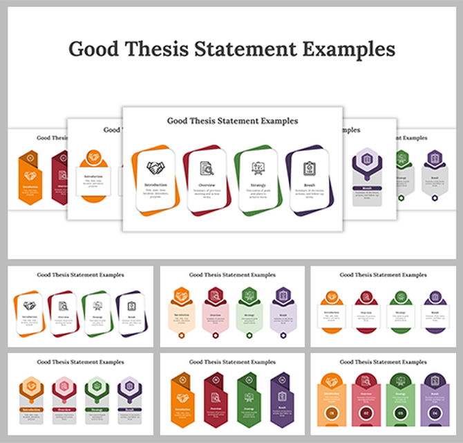 Thesis statement examples slide deck with five vibrant, overlapping cards detailing development steps.