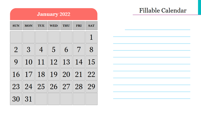 Calendar layout showing January 2022 dates with days labeled across the top and empty lines beside it for written notes.