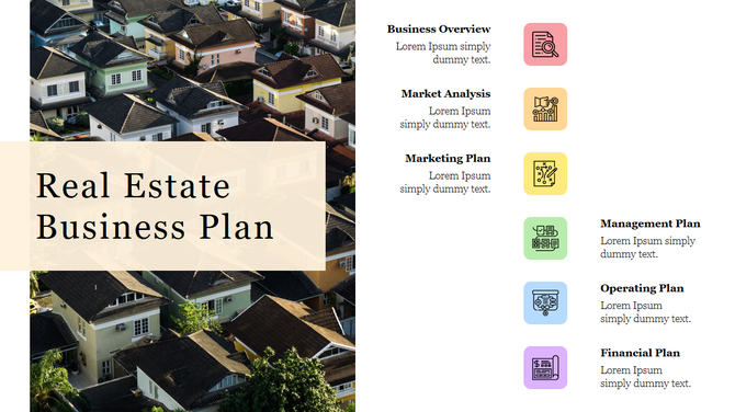 Slide featuring a real estate business plan with six sections and color coded icons with placeholder text.