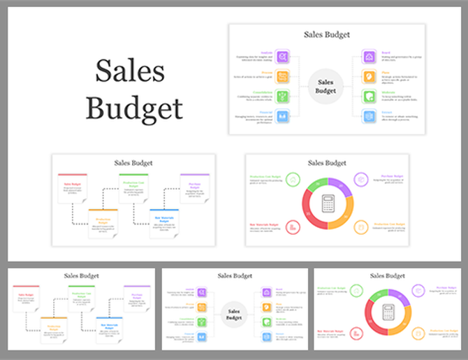 Collage of sales budget slides displaying various components, including different colorful designs layout icons, and text.