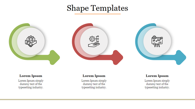 Slide featuring three colored arrow shapes in green, red, and blue with icons and placeholder text below.