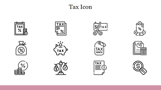 Tax icon set featuring a variety of black and white line illustrations representing different aspects of taxation.