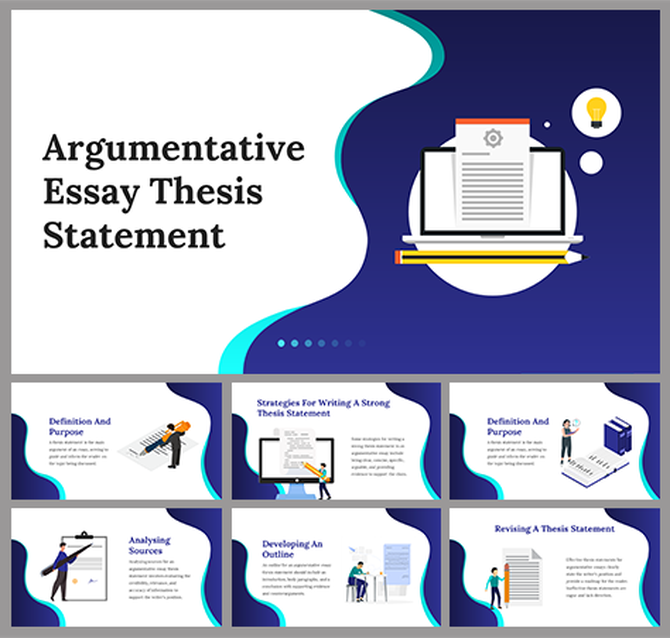 Slide deck with blue and white themes, featuring illustrations of papers and writing tools, covering thesis statements.