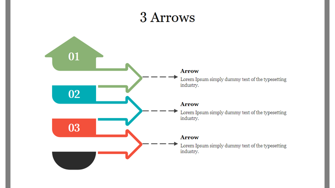 Three arrows pointing right, each with distinct colors, leading to corresponding sections with placeholder text.