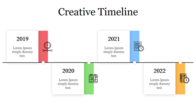 Creative timeline with milestone box for 2019 to 2022, each featuring a year, placeholder text, and icons on coded sidebars.
