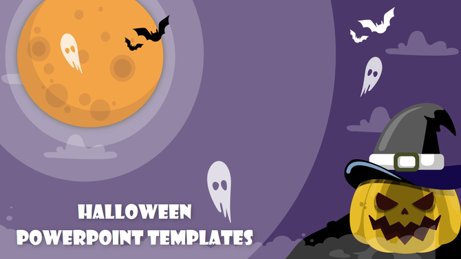 Halloween scene featuring a carved pumpkin with a witch hat, a large full moon, and floating ghosts against a purple sky.
