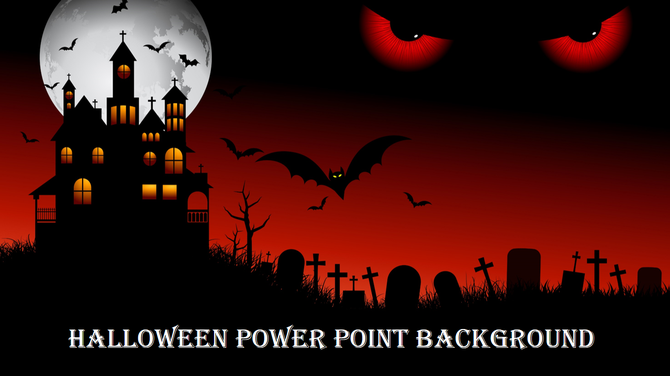 Halloween background with eerie elements haunted mansion, bats, full moon, and red lit graveyard with tombstones.