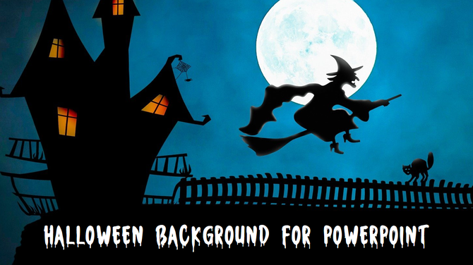 Halloween scene featuring a witch flying with a broomstick, a haunted house, and a black cat against a full moon backdrop.
