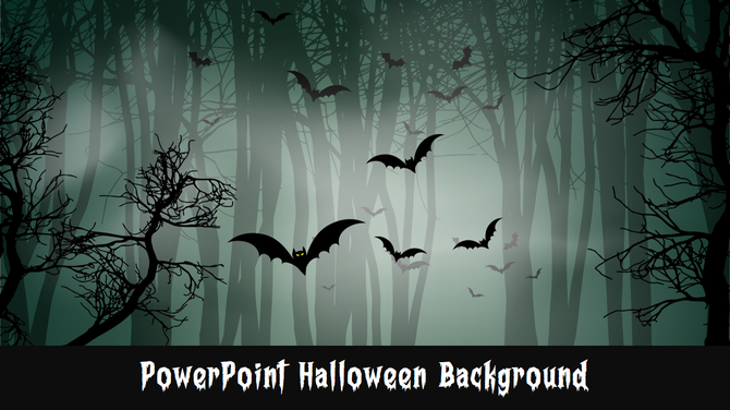 Dark forest Halloween background with eerie lighting, silhouetted bats and branches, and title text in a spooky font.