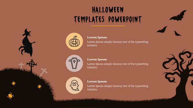 Halloween themed PowerPoint template with icons of a witch, pumpkin, coffin, and ghost, surrounded by bats and gravestones.